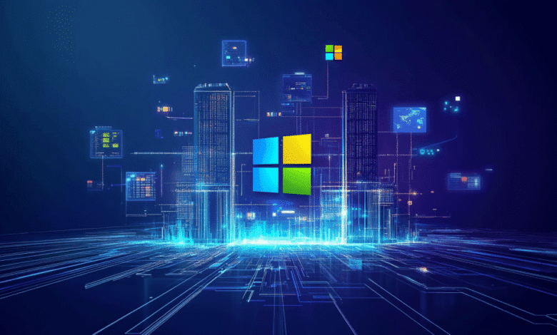 Windows logo at the center of a futuristic cityscape with glowing blue lines and data streams.