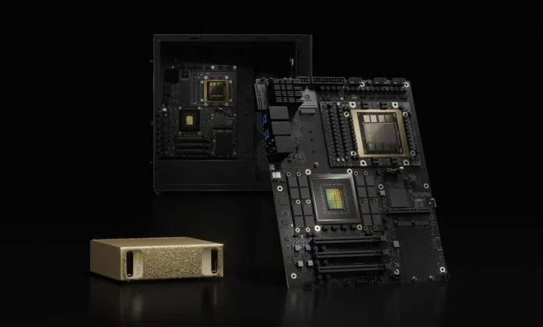 Close-up of NVIDIA DGX system components: black circuit boards with gold processors, and a gold storage unit.