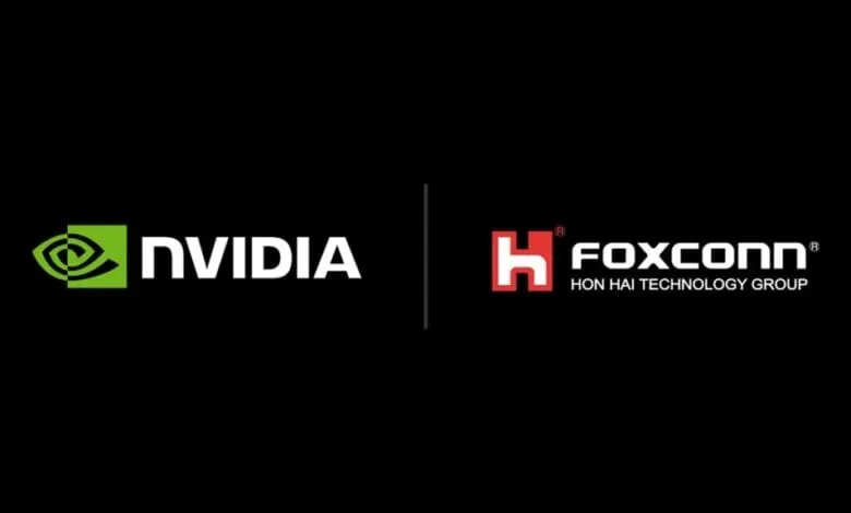 Nvidia and Foxconn logos on a black background, symbolizing a technology partnership.