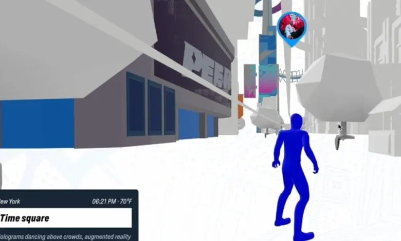 Augmented reality view of Times Square in New York City, showing a blue avatar and holographic dancers above crowds.