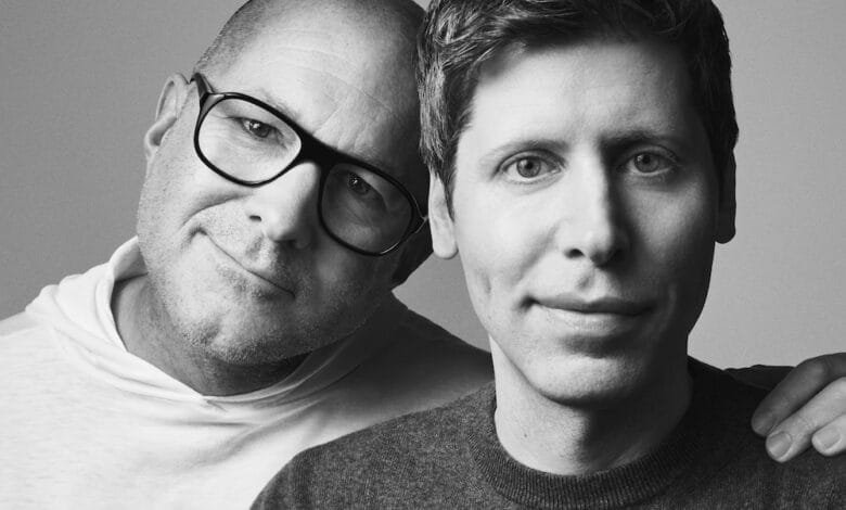 Black and white portrait of Sam Altman and Johnny Ive, Ive with glasses, shoulder to shoulder.