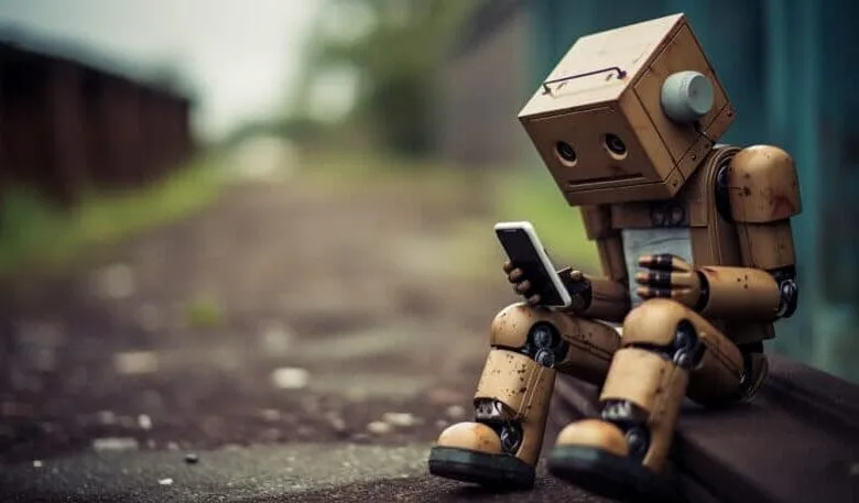 A cardboard robot sits on a rail, looking down at a smartphone in its hands. The scene is moody and slightly melancholic.