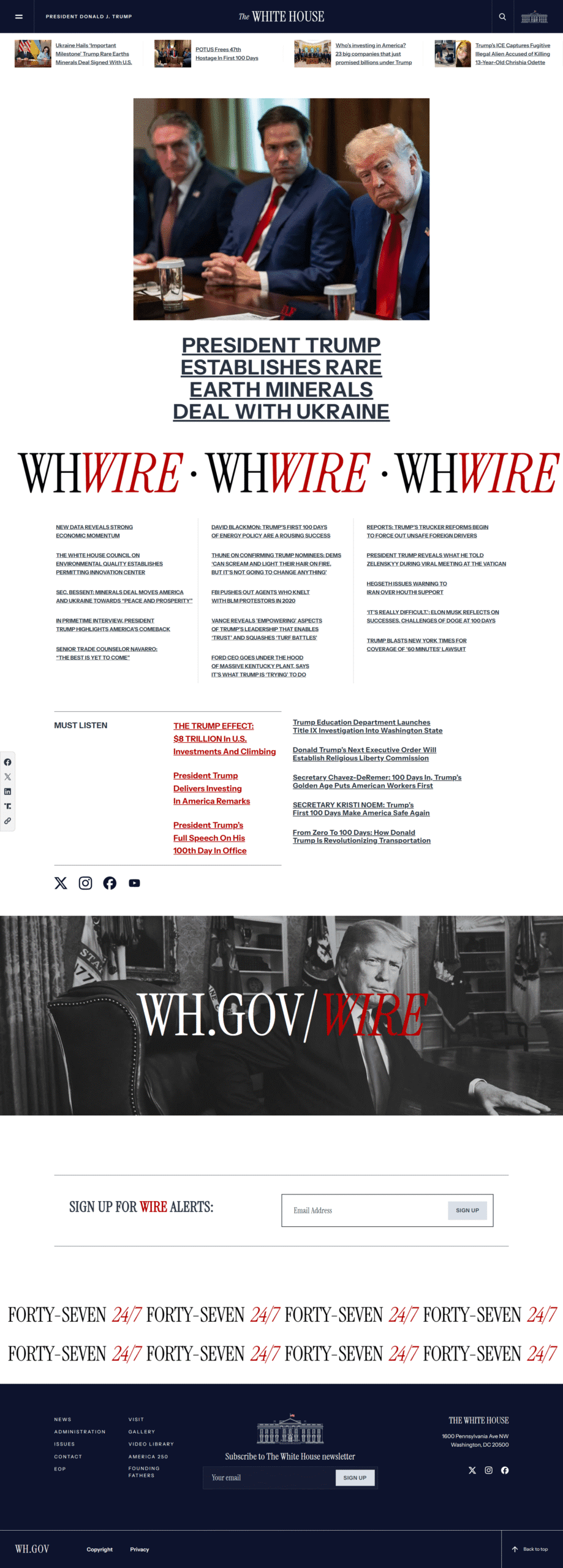 Screenshot of The White House Wire website on May 1, 2025