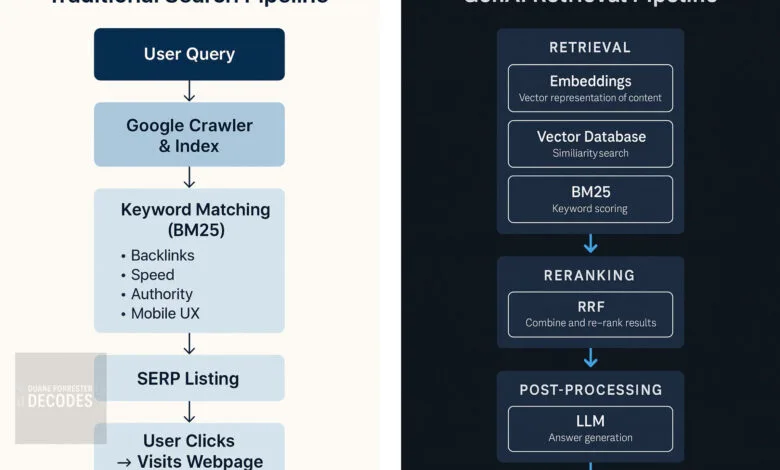Diagram comparing traditional search and GenAI retrieval pipelines. Traditional uses keyword matching, while GenAI uses embeddings and reranking.
