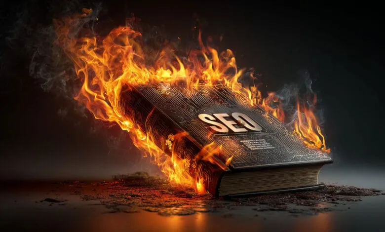 A book engulfed in flames; its cover is a circuit board with 'SEO' in gold lettering, symbolizing outdated SEO strategies.