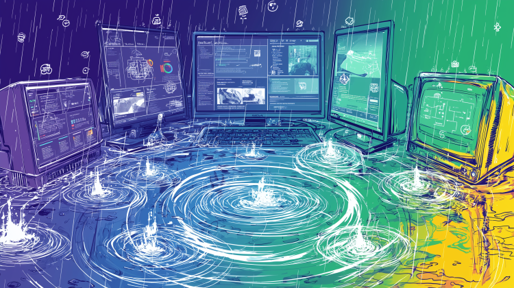 Retro computers and monitors submerged in rain, displaying data; vibrant purple, green, and yellow tones.