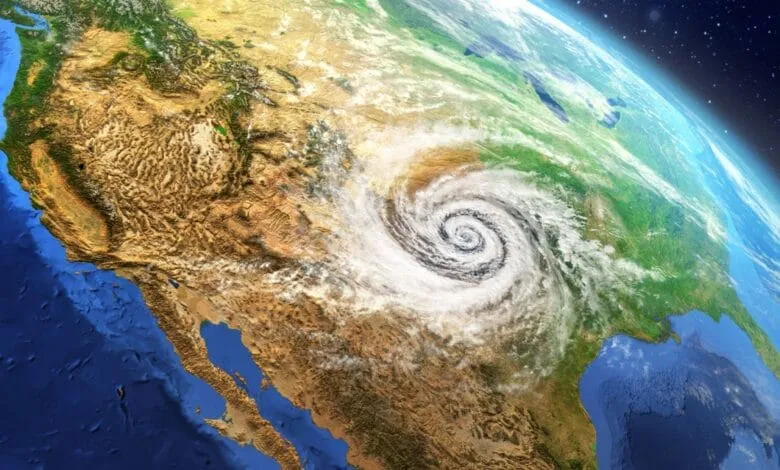 Satellite view of a powerful hurricane approaching the southwestern US coastline.