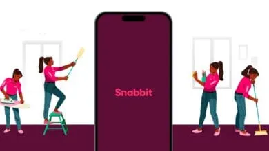 Snabbbit app illustration: Four women in pink uniforms perform various cleaning tasks, showcasing the app's services.