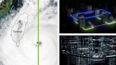 Satellite image of Taiwan during a typhoon contrasted with illustrations of interconnected servers, symbolizing technological resilience.