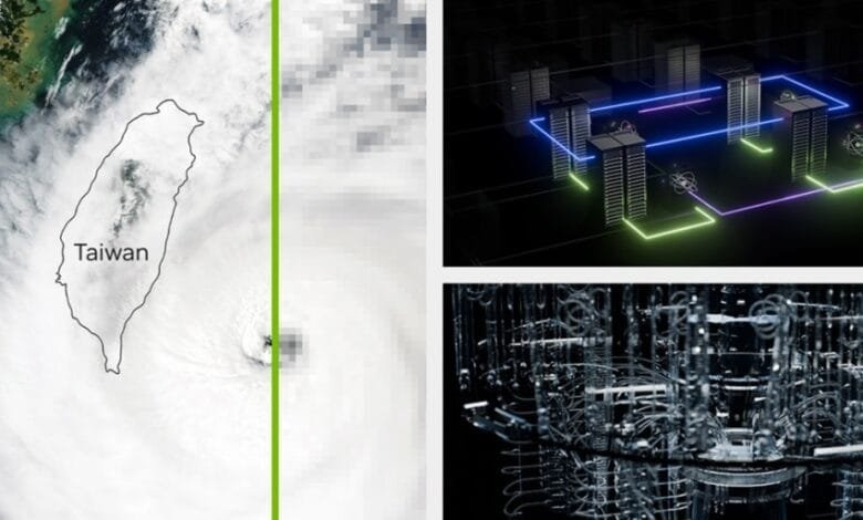 Satellite image of Taiwan during a typhoon contrasted with illustrations of interconnected servers, symbolizing technological resilience.
