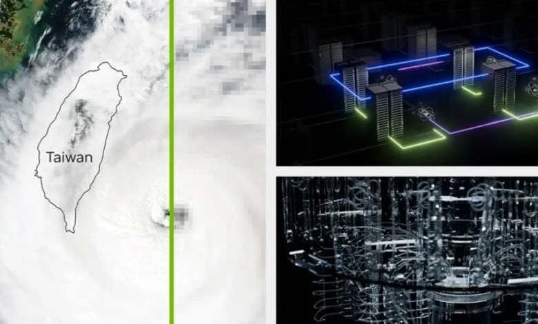 Satellite view of Taiwan under a typhoon, contrasted with abstract server networks and complex circuitry.