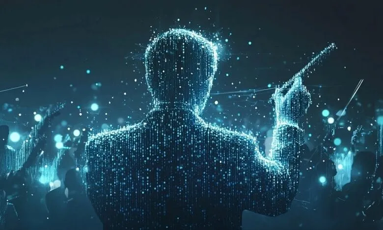 Digital conductor leads an orchestra, depicted as a shimmering blue particle figure against a dark background.