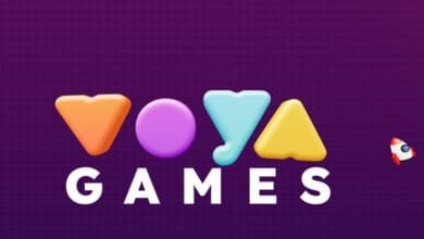 Voyya Games logo: Colorful 3D letters, rocket on purple background.