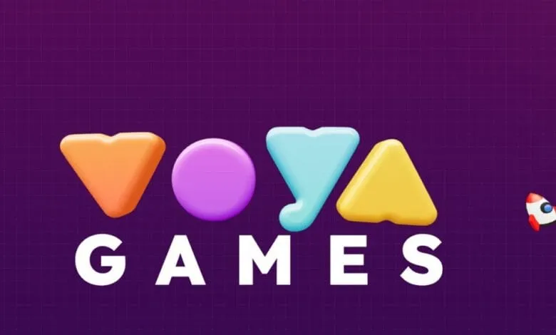Voyya Games logo: Colorful 3D letters, rocket on purple background.