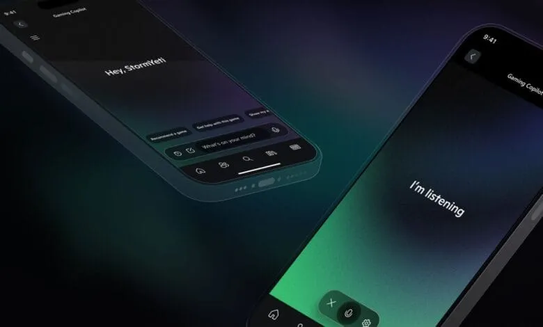 Two smartphone screens display the Xbox Gaming Copilot app. One shows a welcome message, the other is listening for a voice command.