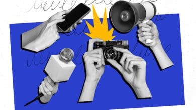 Collage of hands holding media equipment: phone, camera, microphone, megaphone. Bold graphic style on blue background.