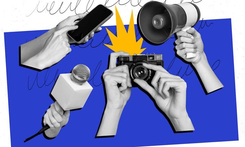 Collage of hands holding media equipment: phone, camera, microphone, megaphone. Bold graphic style on blue background.