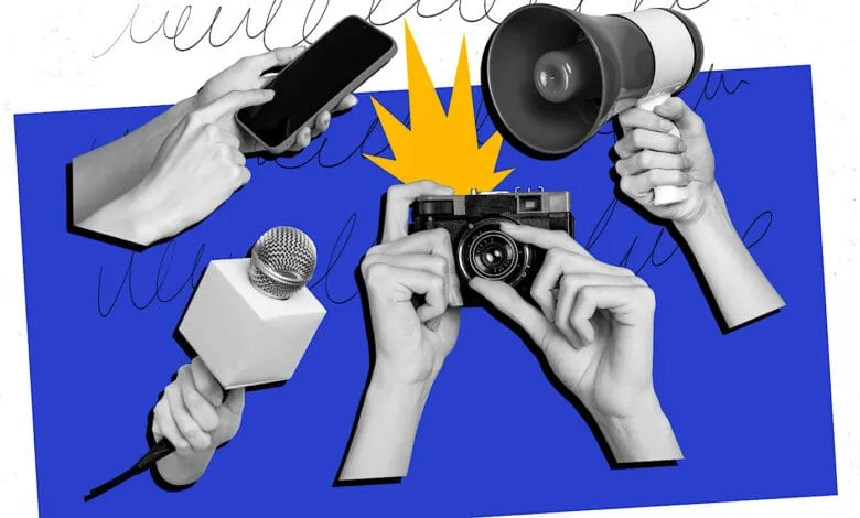Collage of hands holding media equipment: phone, camera, microphone, megaphone. Bold graphic style on blue background.
