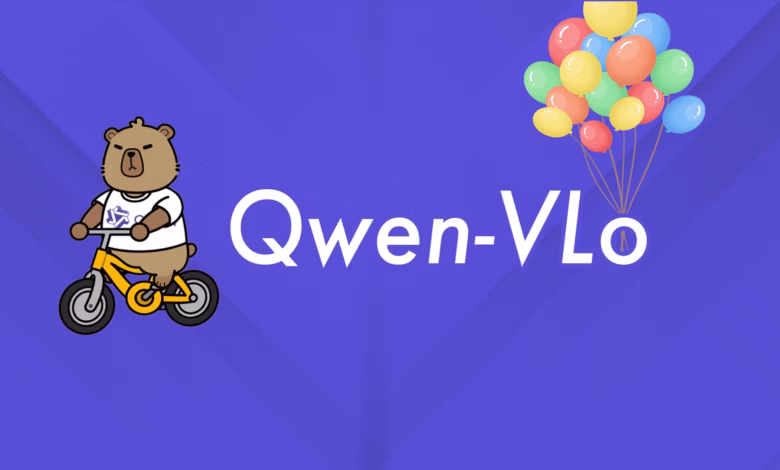 A cartoon bear rides a tricycle, next to the text 'Qwen-VLo' and a bunch of colorful balloons.