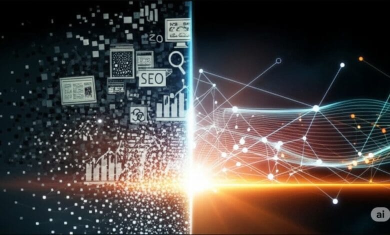 Abstract digital art depicting data transformation; one side shows fragmented data, the other a connected network.