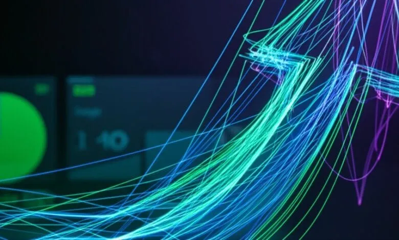 Abstract arrow of teal, green, and purple light trails over blurred data charts, symbolizing growth and progress in data analysis.