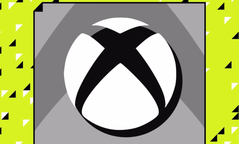 Xbox logo in black and white, centered on a gray square against a lime green background with black and white triangles.