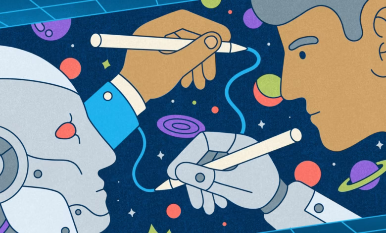 A human and robot collaborate, drawing lines connecting them across a cosmic background. Stylized illustration of AI partnership.