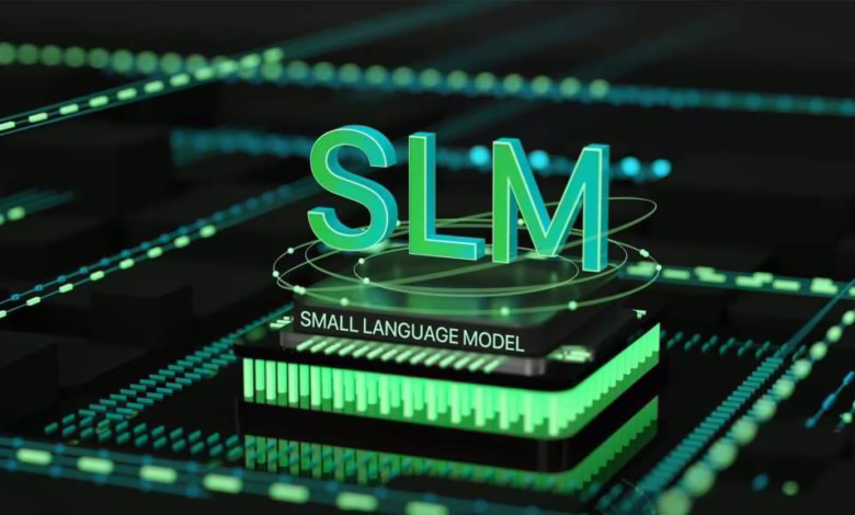 SLM, or Small Language Model, is displayed in teal and green 3D text on a microchip, surrounded by glowing teal circuitry.