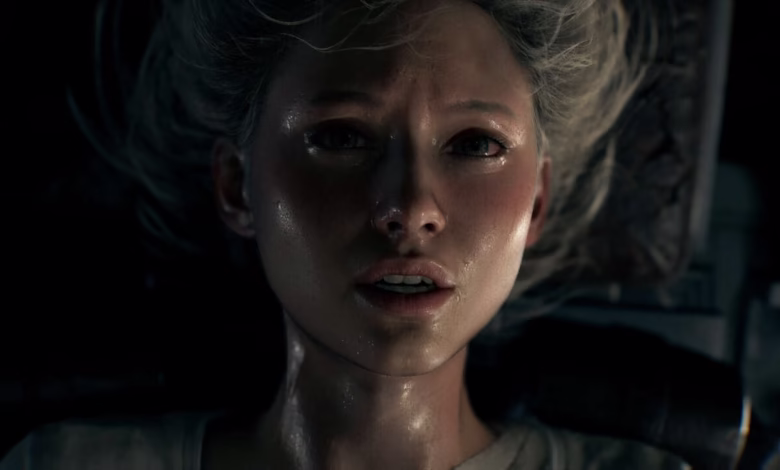 Close-up of a young woman's face, glistening with sweat, eyes wide with fear or distress.