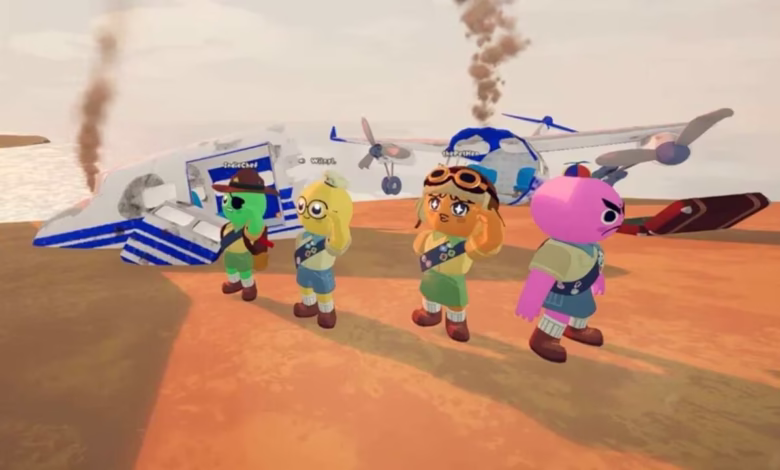 Cartoon characters in scout uniforms stand near a crashed airplane on a desert beach.