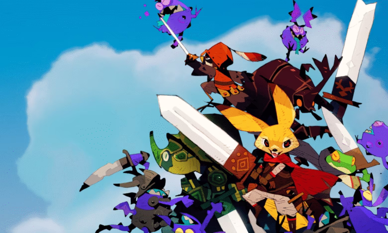 Stylized artwork of anthropomorphic animal characters engaged in battle, wielding swords against purple creatures against a bright blue sky.