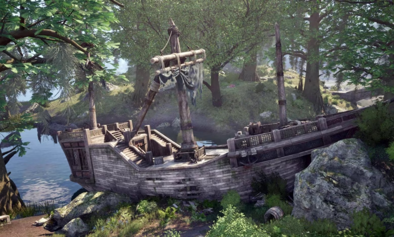 A weathered wooden ship rests half-sunken on a rocky shore, surrounded by lush green trees and foliage.