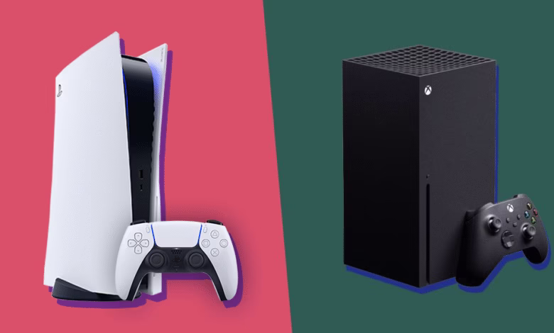 PlayStation 5 and Xbox Series X consoles displayed side-by-side with their controllers.