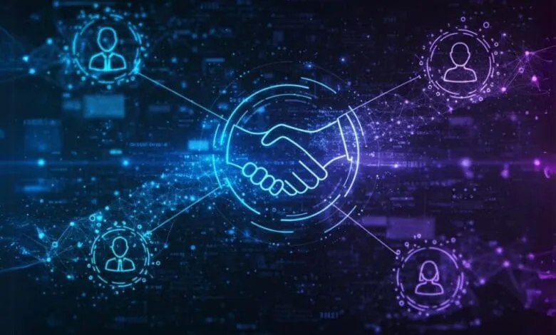 Digital handshake connecting four user profiles, symbolizing AI-driven collaboration and networking.