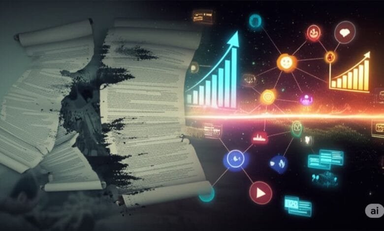 Ancient scrolls dissolve into digital data, showcasing an upward trending graph and interconnected icons representing the shift from traditional to AI-driven content.