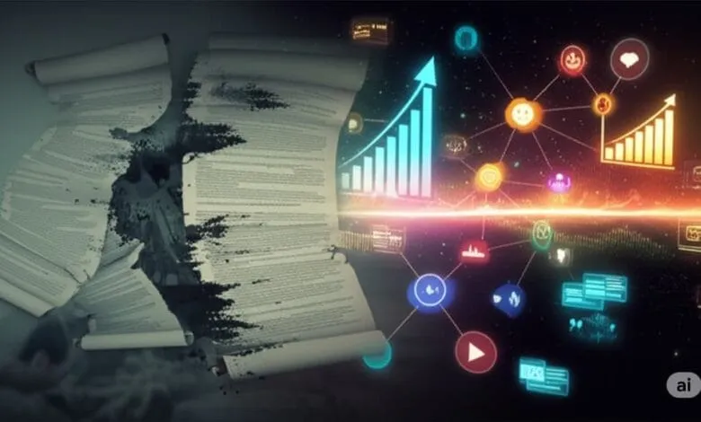Ancient scrolls transform into digital data, a rising graph, and interconnected icons, symbolizing AI's impact on content.
