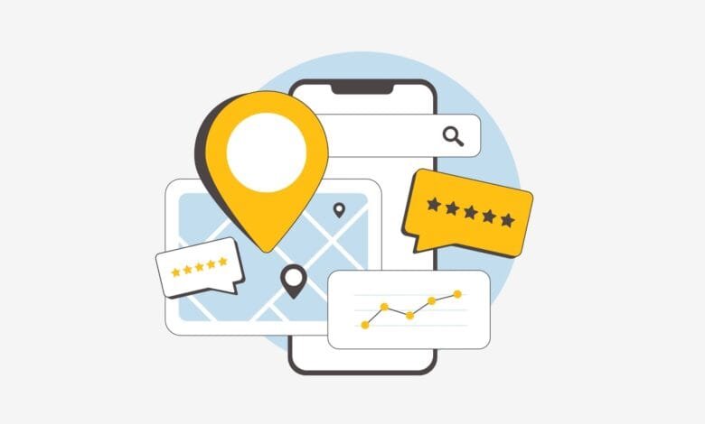 Illustration of a smartphone displaying a map with location pin, search bar, and five-star reviews, indicating local search optimization.