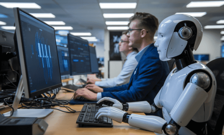 A robot and two humans work side-by-side at computers, analyzing data displayed on screens.