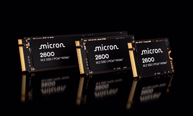 Three Micron 2600 M.2 SSDs in varying sizes, showcasing their sleek black design with gold accents against a black background.