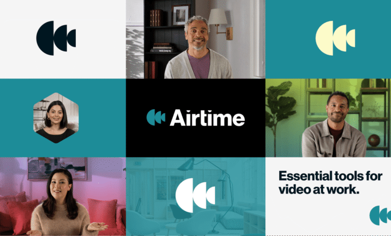 Airtime: Diverse team smiles in video call tiles, showcasing video tools for work.