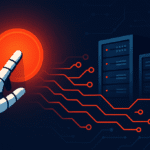 Robotic hand activates a glowing red button, connecting to server racks via orange circuit lines on a dark blue background.