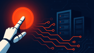 Robotic hand activates a glowing red button, connecting to server racks via orange circuit lines on a dark blue background.
