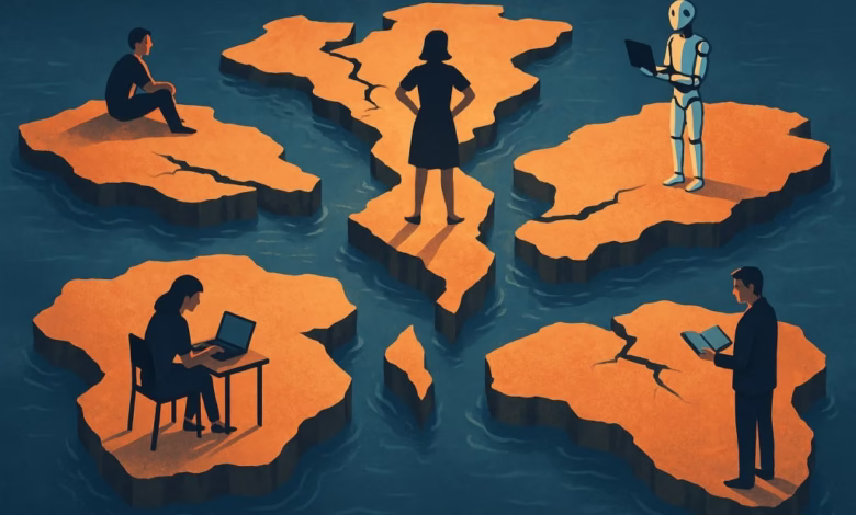 Abstract illustration of four individuals on separate, cracking islands, symbolizing isolation; one island features a robot.