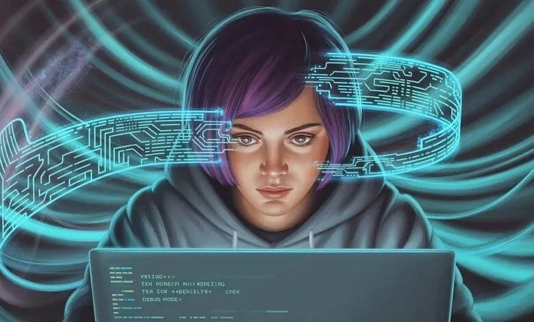 A young woman with purple hair intensely focuses on code displayed on her laptop, surrounded by glowing teal circuit board patterns.