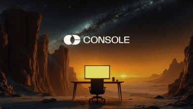 A computer sits on a desk in a desolate, rocky landscape under a starry sky. The word 'CONSOLE' is displayed above.