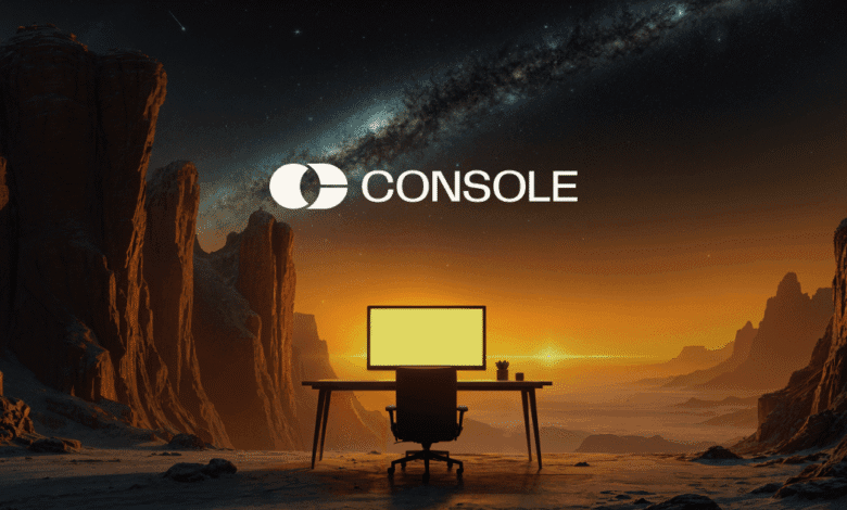 A computer sits on a desk in a desolate, rocky landscape under a starry sky. The word 'CONSOLE' is displayed above.