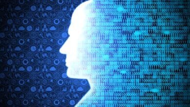 Abstract digital profile silhouette formed from binary code, set against a background of data icons.