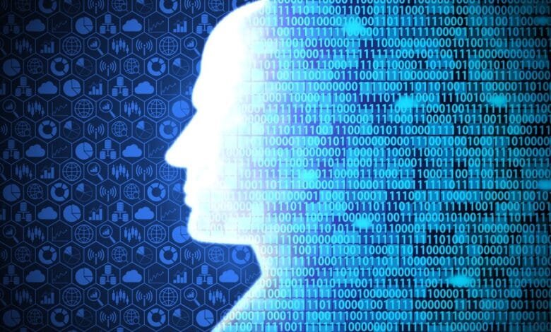 Abstract digital profile silhouette formed from binary code, set against a background of data icons.