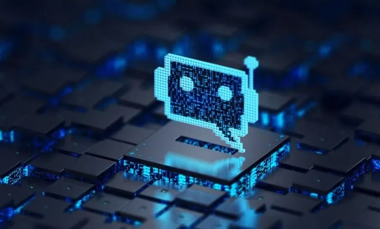 A glowing blue robot icon hovers above a complex, dark blue circuit board, representing AI or digital technology.