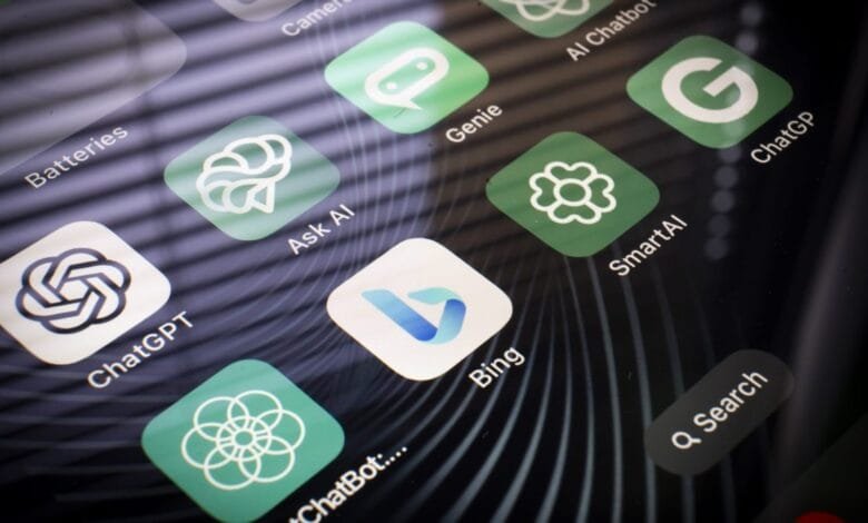 Close-up of a smartphone screen displaying various AI chatbot apps, including Bing, ChatGPT, and others.